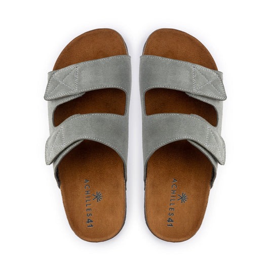 Suede Double-Strap Velcro Slide — Gray