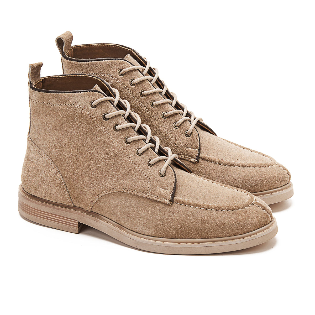 Moc Toe Suede Lace Up Genuine Leather Half Boots — Beige
