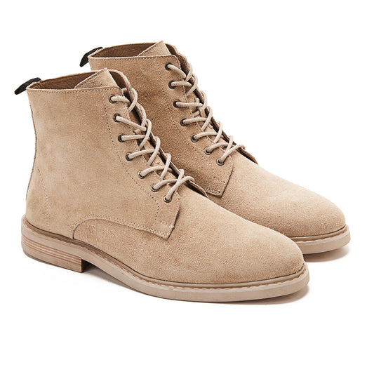 Suede Lace Up Genuine Leather Half Boots — Beige