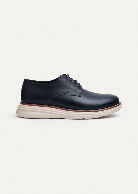 Plain-Toe Leather Lace-Up — Navy Blue