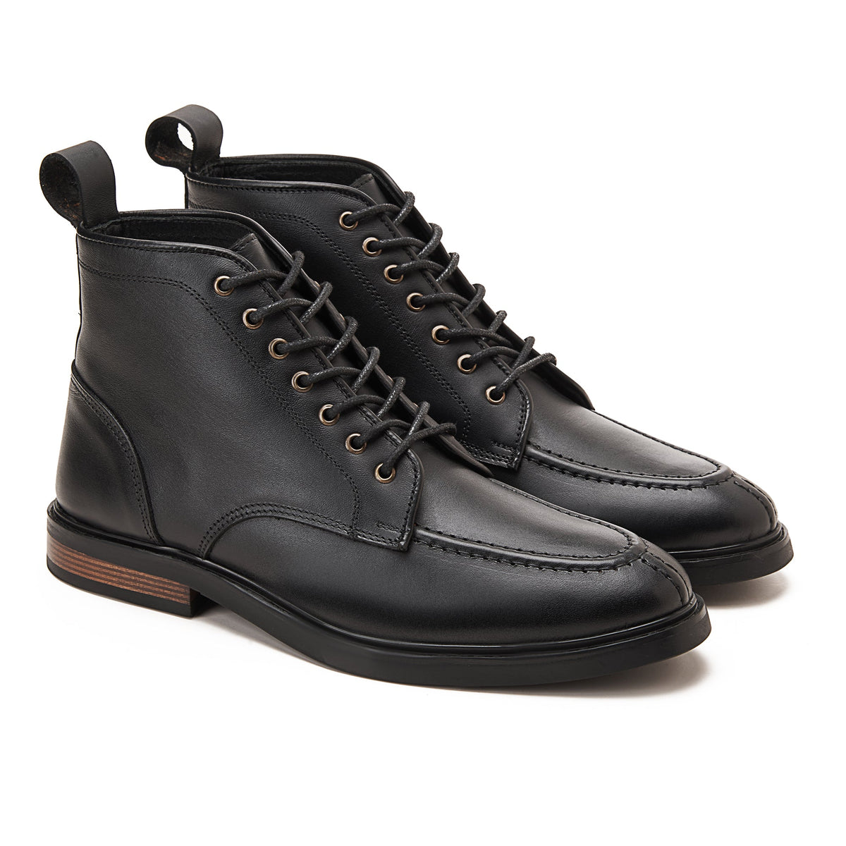 MOC TOE Nappa BLACE UP GENUINE LEATHER HALF BOOTS — BLACK