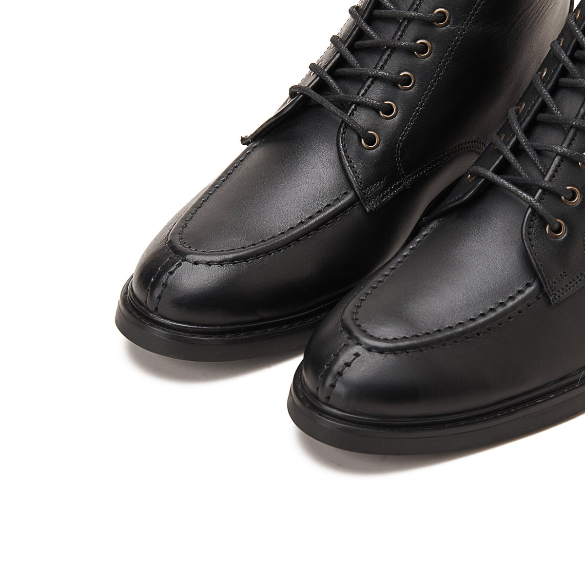 MOC TOE Nappa BLACE UP GENUINE LEATHER HALF BOOTS — BLACK