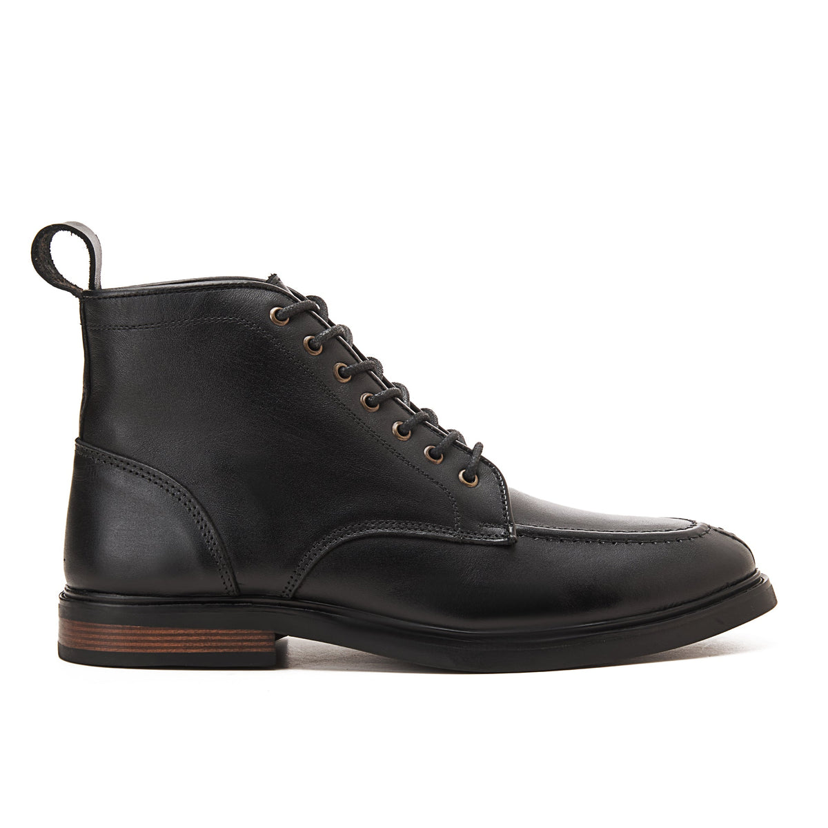 MOC TOE Nappa BLACE UP GENUINE LEATHER HALF BOOTS — BLACK