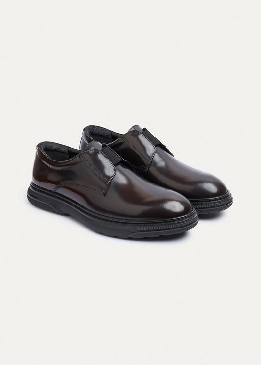 Smooth Leather Elastic Slip-On — Patent Brown