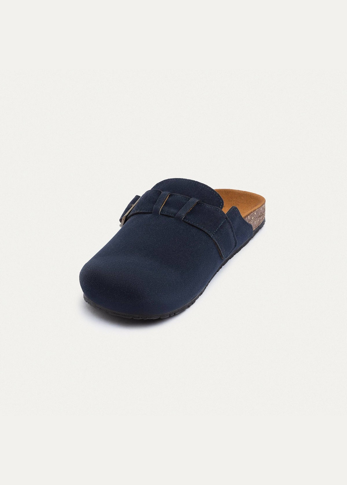 Suede Buckle Clog — Navy Blue
