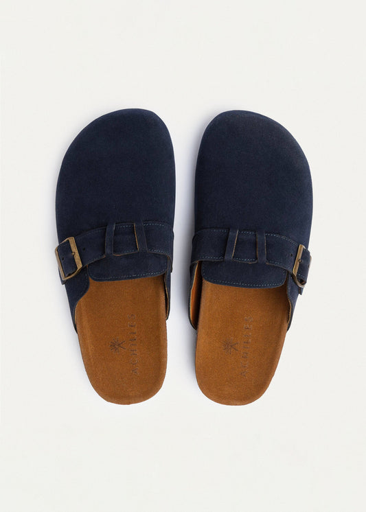 Suede Buckle Clog — Navy Blue