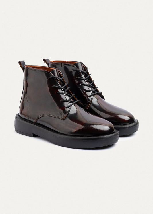 Patent Brogue Chukka Boot — Burgundy