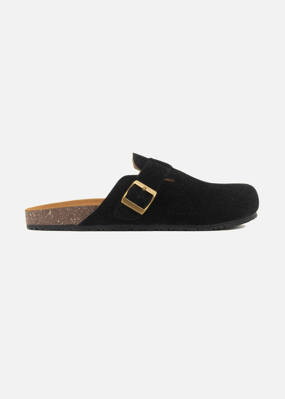 Suede Buckle Clog — Black