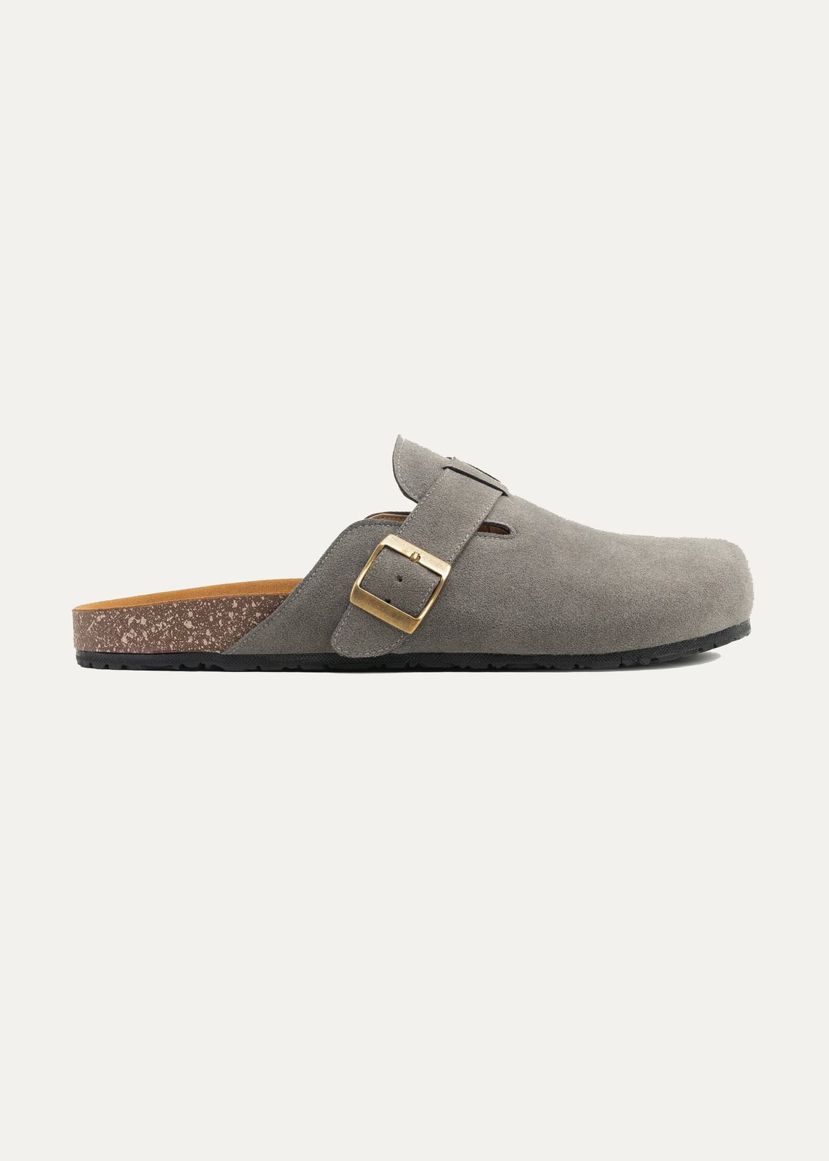 Suede Buckle Clog — Gray