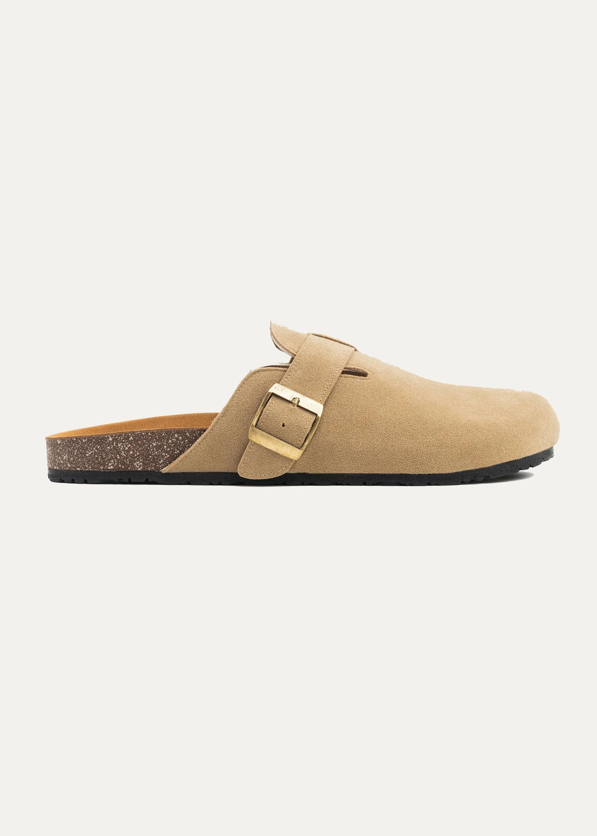 Suede Buckle Clog — Beige