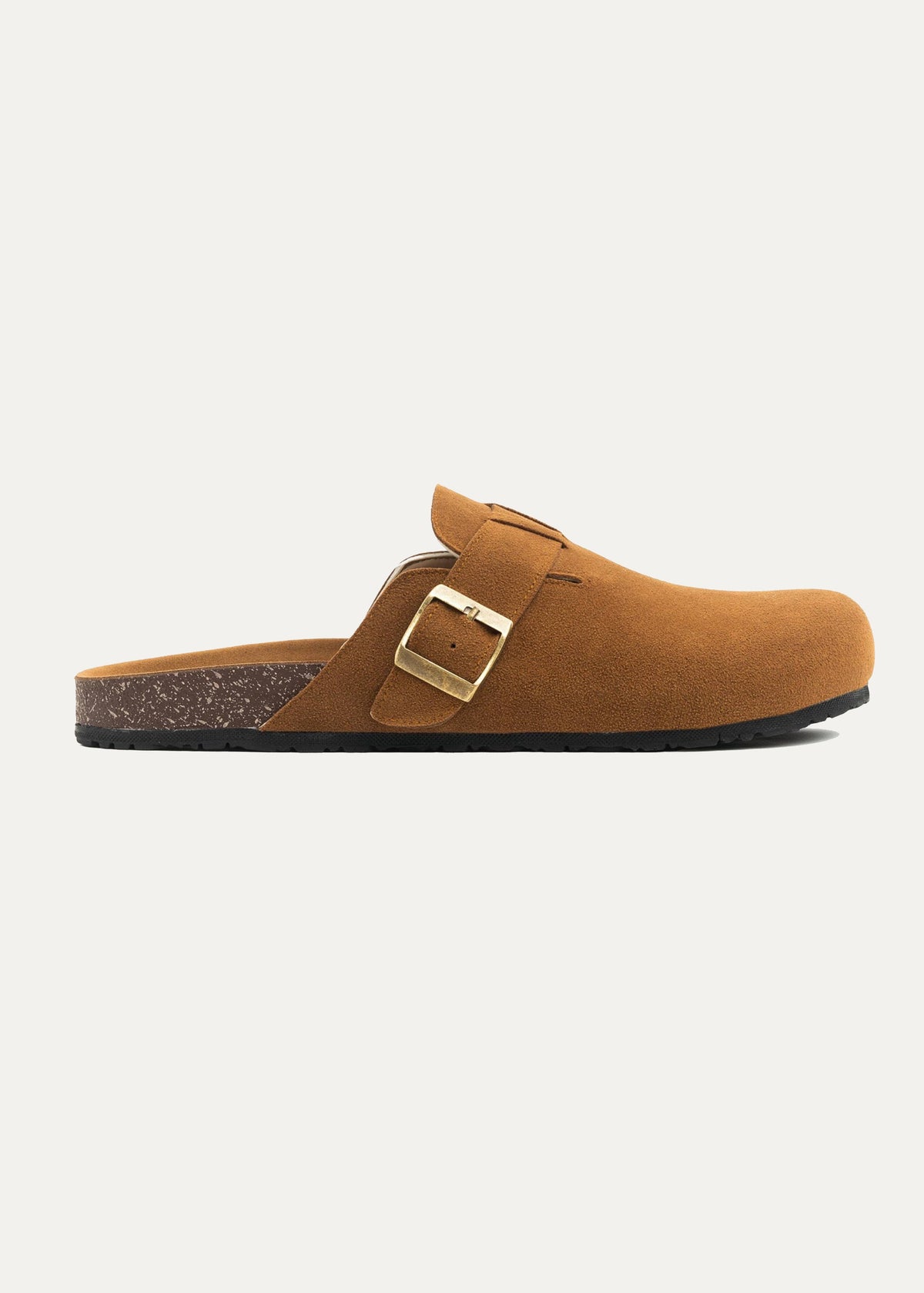 Suede Buckle Clog — Brown