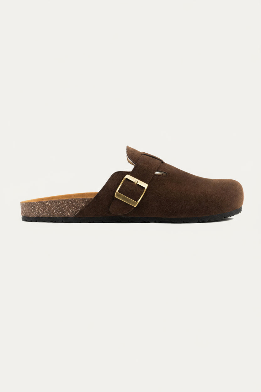 Leather Buckle Clog — Brown