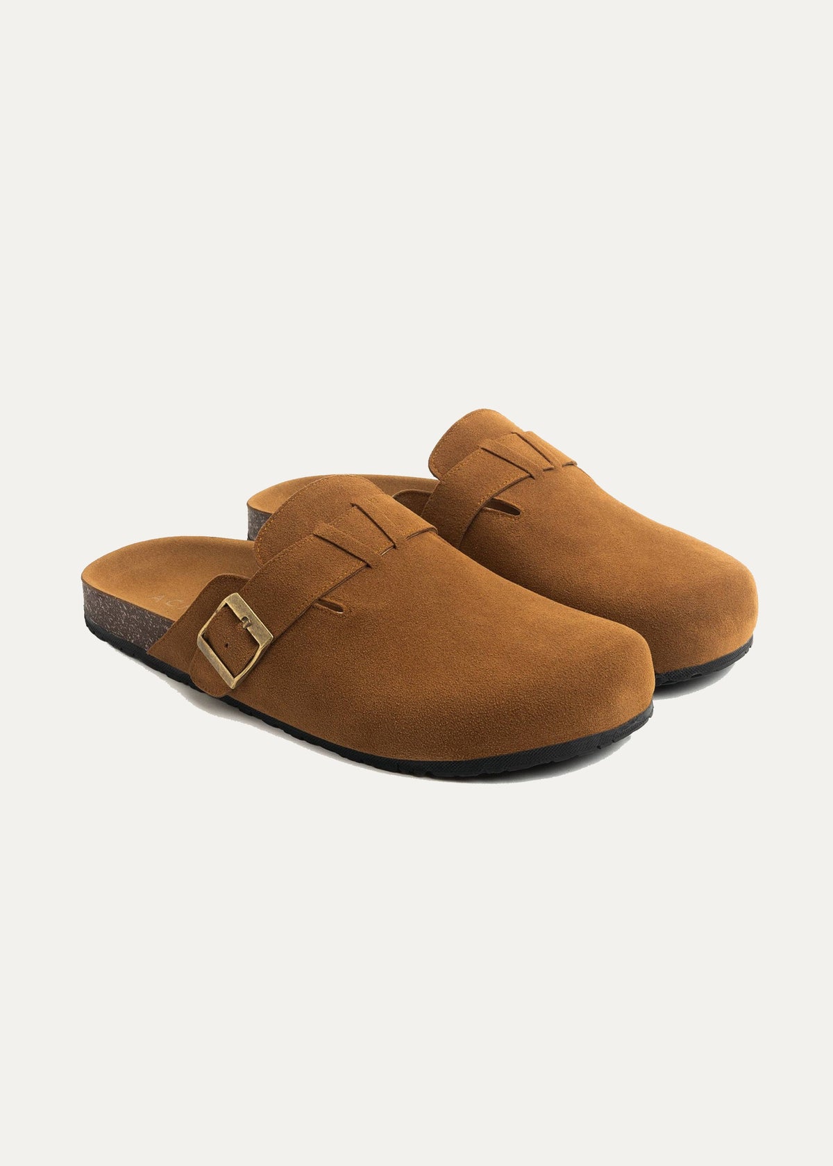 Suede Buckle Clog — Brown
