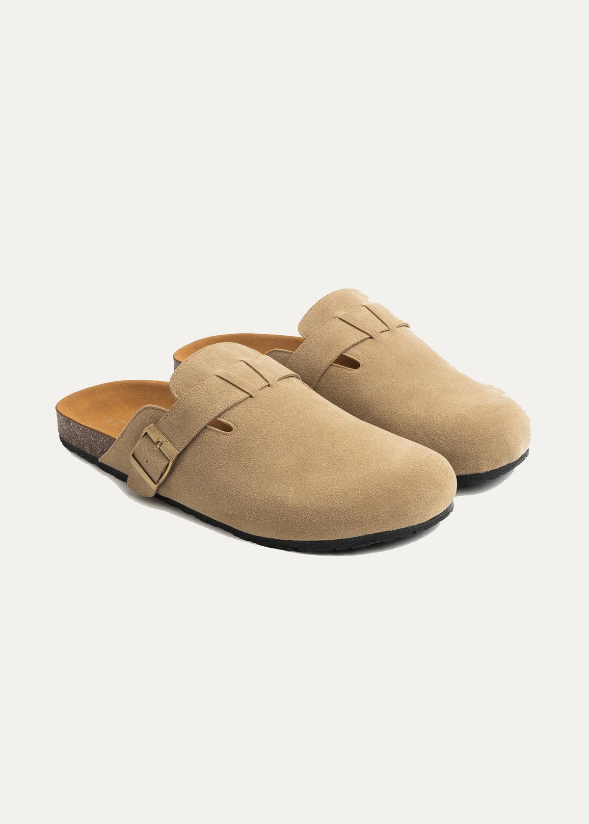 Suede Buckle Clog — Beige