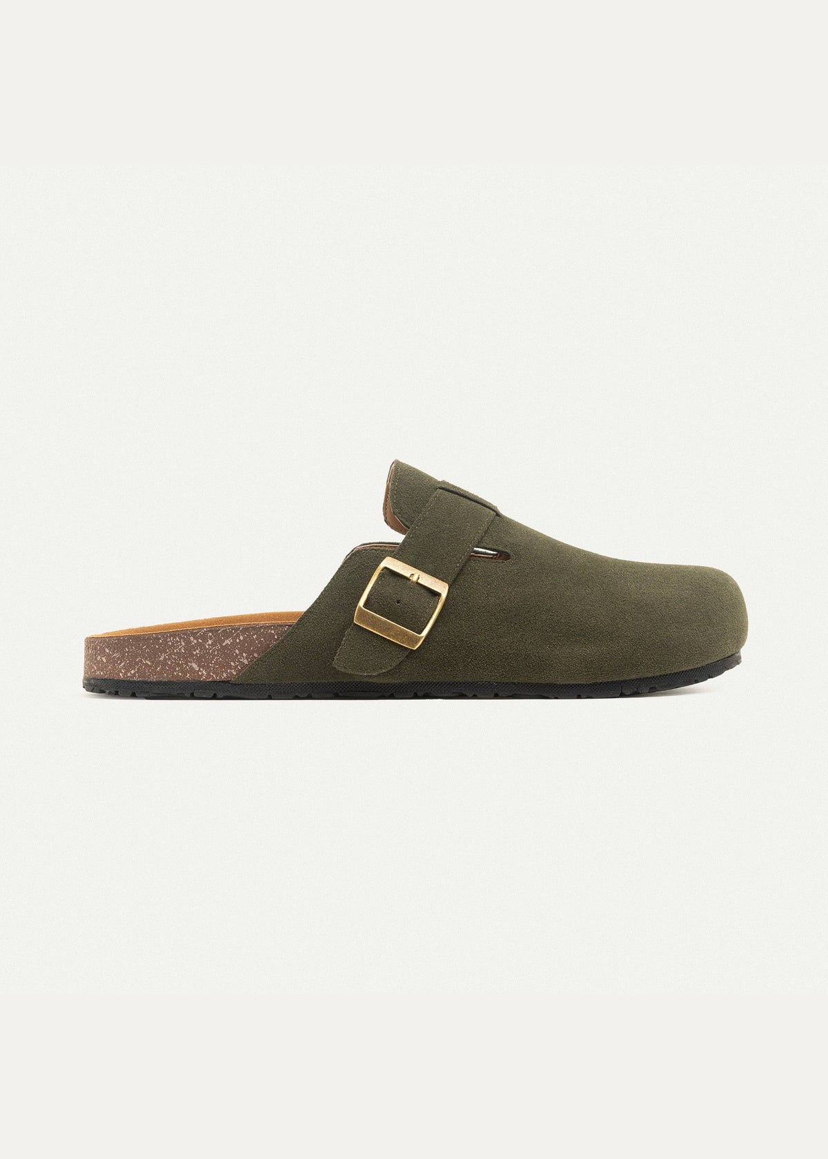 Suede Buckle Clog — Olive