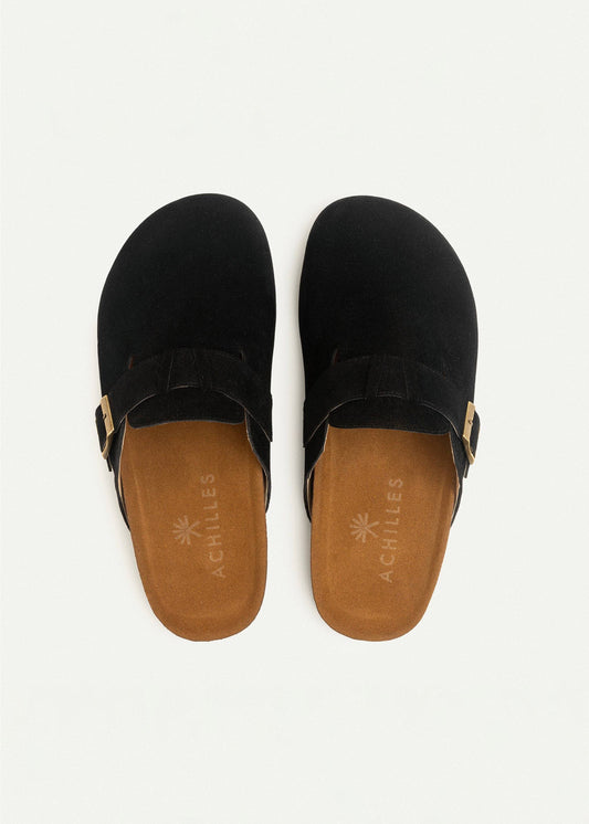 Suede Buckle Clog — Black