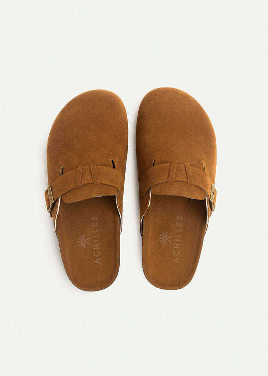 Suede Buckle Clog — Brown