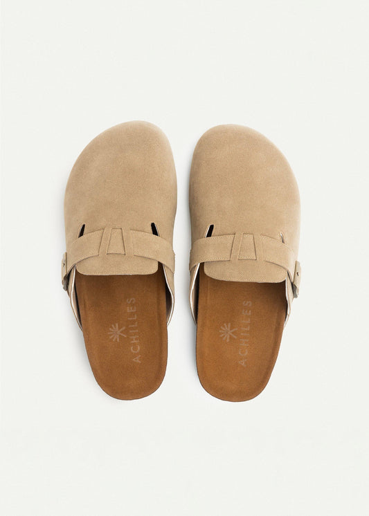 Suede Buckle Clog — Beige