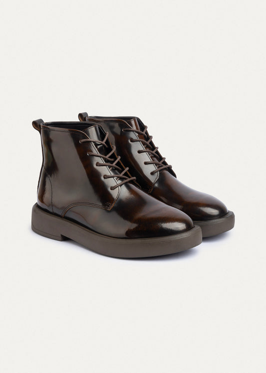 Patent Brogue Chukka Boot — Brown