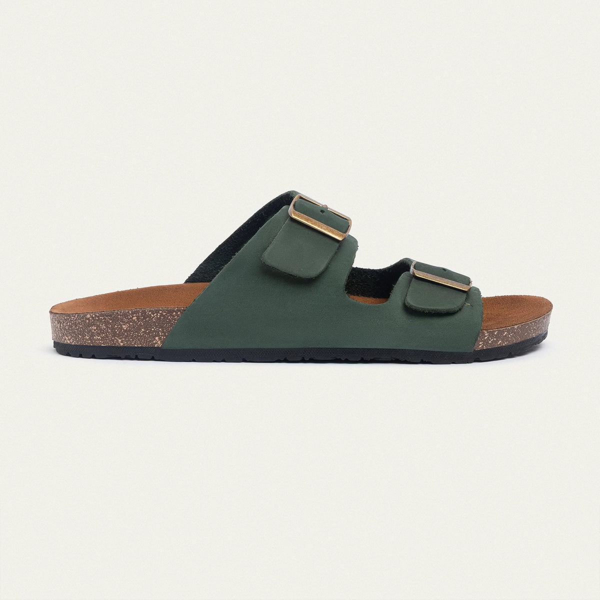 Leather Double-Buckle Slide — Olive