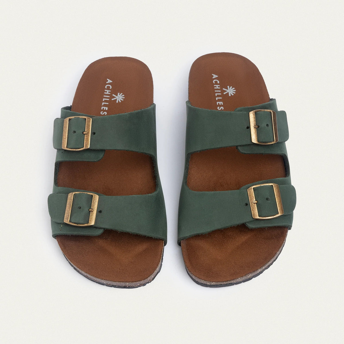 Leather Double-Buckle Slide — Olive