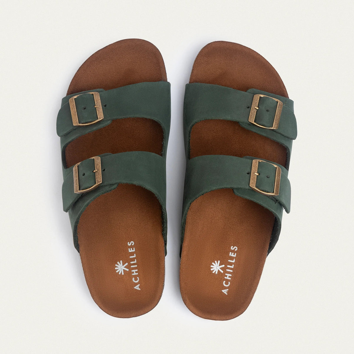 Leather Double-Buckle Slide — Olive