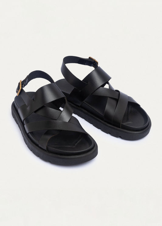 Leather Cross-Strap Sandal — Black