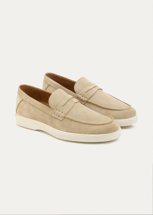 Suede Leather Penny Loafers — Beige