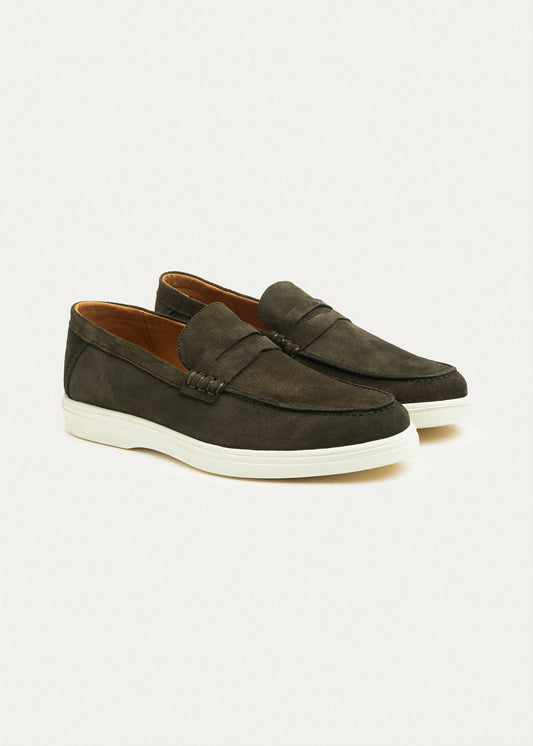 Suede Leather Penny Loafers — Olive