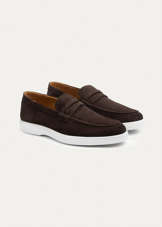 Suede Leather Penny Loafers — Brown