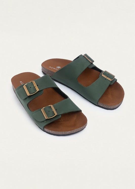 Leather Double-Buckle Slide — Olive