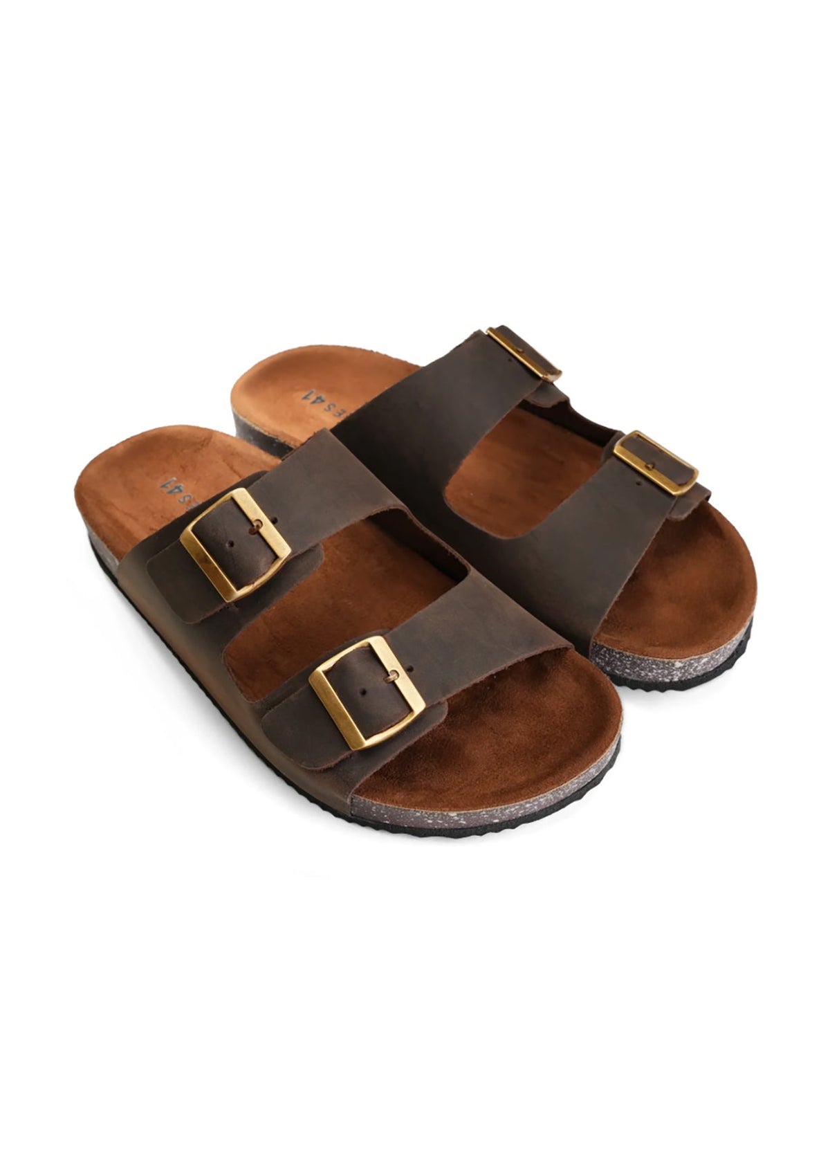 Leather Double-Buckle Slide — Brown
