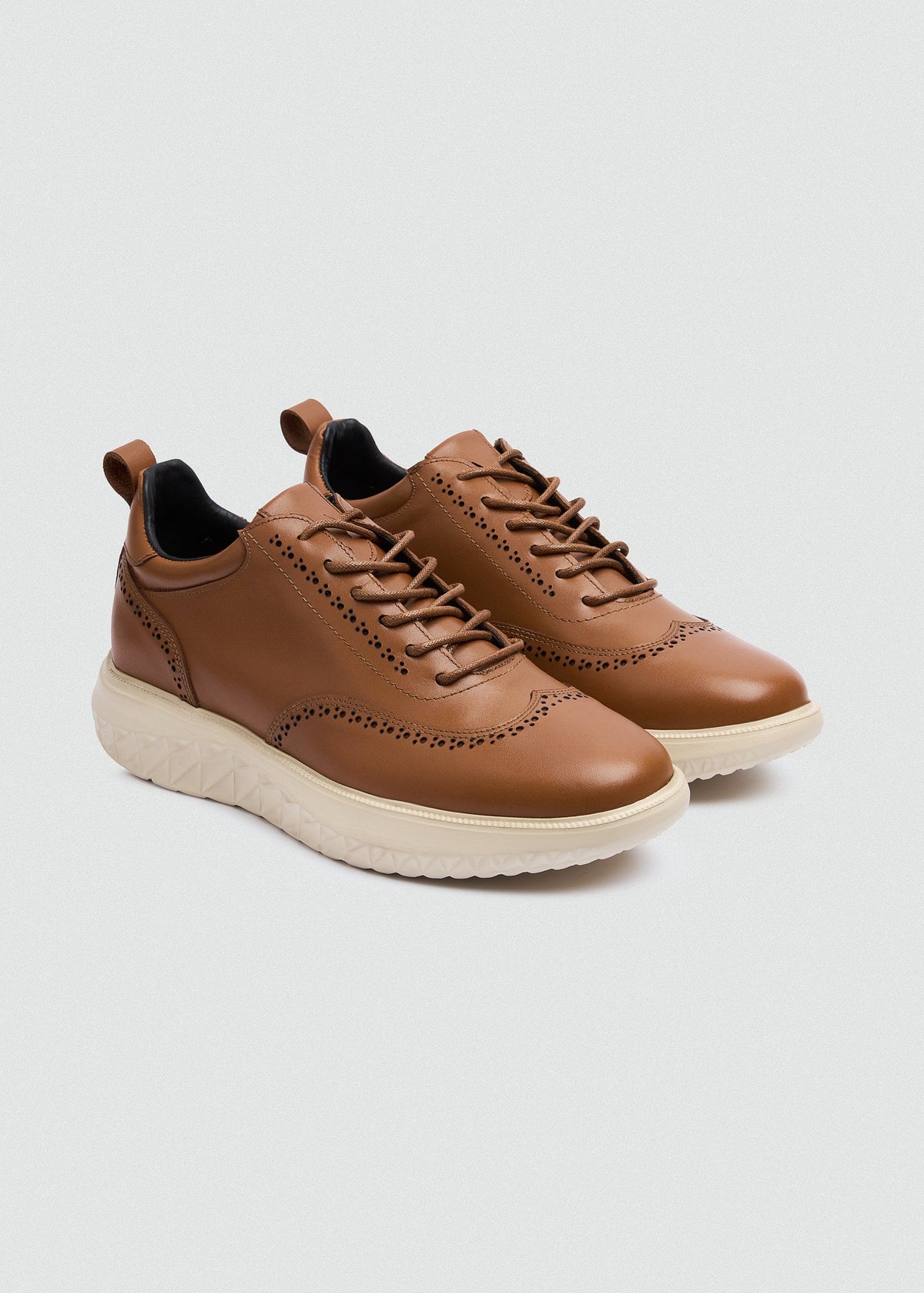 Wingtip Leather Sneaker — Camel