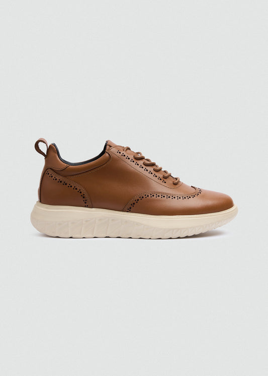 Wingtip Leather Sneaker — Camel
