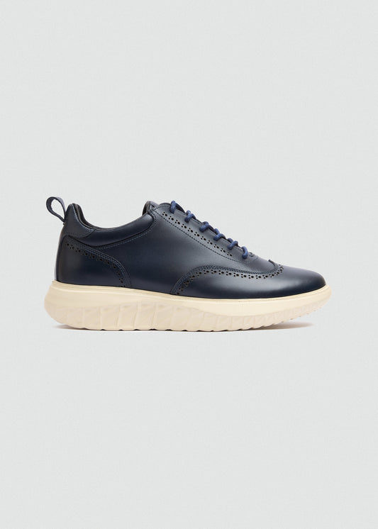 Wingtip Leather Sneaker — Navy Blue
